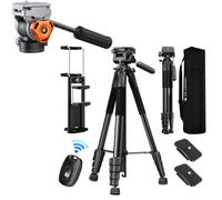 K&F CONCEPT 75"/190cm Compact Camera Tripod + Tripod Fluid Head with Flexible 360° Pan & +90°/-90° Tilt