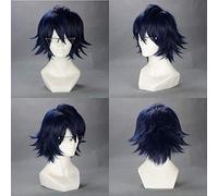 K Fushimi Saruhiko cosplay Wig Deep Blue Black Short Fluffy Layered Costume Wigs (not including glasses)+Wig Cap