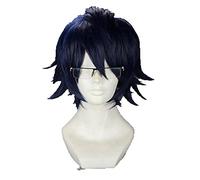 K Fushimi Saruhiko cosplay Wig Deep Blue Black Short Fluffy Layered Costume Wigs (not including glasses)+Wig Cap