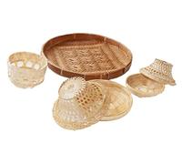 K&G Home Decor - Set Serve Round Natural Bamboo Baskets, Wicker Woven Serving Trays for Food, Fruit, Snack, Bread, Appetizers, Decoration, Storage Display Tray, Rustic and Boho Wall Hanging