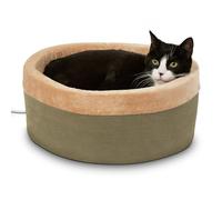 K&H Pet Products Thermo-Kitty Bed Heated Cat Bed for Indoor Cats, Electric Warming Bed for Cats and Small Dogs, Washable Thermal Plush Calming Round Pet Bed - Small 16" Sage/Tan