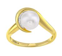 (K) Jewelco London 9ct Yellow Gold Round 6pts Diamond Round Pearl 8mm Snake Tail Wrap Full Moon Dress Ring - PR1AXL2586YPRL