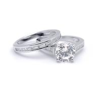 (K) Jewelco London Sterling Silver Round & Baguette CZ Shoulder-set 4-Claw Solitaire Wedfit Bridal Rings Set - ARN149
