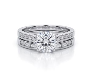 (K) Jewelco London Sterling Silver Round & Baguette CZ Shoulder-set 4-Claw Solitaire Wedfit Bridal Rings Set - ARN149