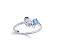 (K) Jewelco London Sterling Silver Swiss Blue Oval CZ Thought Bubble Halo Cluster Toi et Moi Ring - GVR994