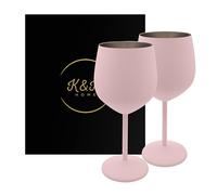 K&K Home Pink Stainless Steel Unbreakable Pink Wine Glasses - 18 oz - Set of 2 Colored, Stemmed Metal Wine Glasses Perfect for Outdoors, Weddings, and Parties