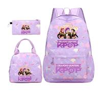K-K Pop D-Demon H-Hunters Cool Teen Character Prints School Bag Student Backpack 3-Piece Set, Cool School Backpack, Lunch Bag & Pencil Case, Lightweight and Stylish, Purple
