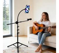 K KASONIC Microphone Stand with Tablet Phone Holder, Adjustable Tripod Boom Mic Stands for Performance, Microphone Floor Stand for Singing, Outdoor Activity