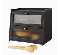 K KELBEL Double Layer Bamboo Bread Bin for Kitchen Counter,Extra Large Capacity Wooden Bread Box with Window 15.74"x9.84"x13",Black Bread Storage