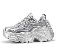 K KIP WOK Chunky Sneakers for Women Fashion Platform White Leather Casual Dad Shoes Comfortable Wedge Walking Sport Sneakers, Silver Mesh, 5 UK