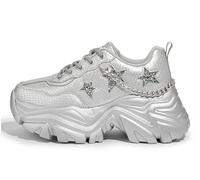 K KIP WOK Chunky Sneakers for Women Fashion Platform White Leather Casual Dad Shoes Comfortable Wedge Walking Chain Sport Sneakers, Silver Chain, 5 UK