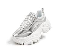 K KIP WOK Chunky Sneakers for Women Fashion Platform White Leather Casual Dad Shoes Comfortable Wedge Walking Sport Sneakers, Silver, 6.5 UK