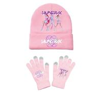K-KPop D-Demon H-Hunters Winter Hat and Gloves Set Kids Warm Magic Full Fingers Comfortable Stretchy Hat Gloves for Boys and Girls Knitted Mittens for School Sports Outdoor Costume Daily Wearing