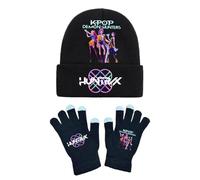 K-KPop D-Demon H-Hunters Winter Hat and Gloves Set Kids Warmth Magic Full Fingers Soft Stretchy Hat Gloves for Boys and Girls Knitted Mittens for School Sports Outdoor Costume Daily Wearing Black