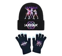 K-KPop D-Demon H-Hunters Winter Hat and Gloves Set Kids Warmth Magic Full Fingers Soft Stretchy Hat Gloves for Boys and Girls Knitted Mittens for School Sports Outdoor Costume Daily Wearing Black