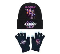 K-KPop D-Demon H-Hunters Winter Hat and Gloves Set Kids Warmth Magic Full Fingers Soft Stretchy Hat Gloves for Boys and Girls Knitted Mittens for School Sports Outdoor Costume Daily Wearing Black