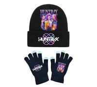K-KPop D-Demon H-Hunters Winter Hat and Gloves Set Kids Warmth Magic Full Fingers Soft Stretchy Hat Gloves for Boys and Girls Knitted Mittens for School Sports Outdoor Costume Daily Wearing Black