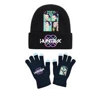 K-KPop D-Demon H-Hunters Winter Hat and Gloves Set Kids Warmth Magic Full Fingers Soft Stretchy Hat Gloves for Boys and Girls Knitted Mittens for School Sports Outdoor Costume Daily Wearing Black