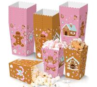 K KUMEED 24 PCS Christmas Popcorn Favor Boxes,Pink and Brown Gingerbread Man Christmas Party Supplies Cute Candy House Popcorn Bowls Popcorn Buckets Popcorn Bags Candy Cookie Container for Kids