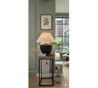K LIVING Ceramic Table Lamp with Natural Linen Shade - 48cm Modern Ribbed Pot Lamp (Black or White, E27 LED Compatible) (Black)