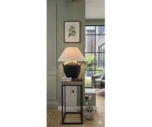 K LIVING Ceramic Table Lamp with Natural Linen Shade - 48cm Modern Ribbed Pot Lamp (Black or White, E27 LED Compatible) (Black)