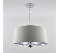 K LIVING Giovanna 3 Light Dimmable Chrome Chandelier with Inner Silver Lining and Cream Cotton Shade | Elegant Drum Design | Polished Silver Finish