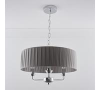 K LIVING Giulia 3 Light Chrome Chandelier with Grey Pleated Fabric Shade | Contemporary Drum Design | Polished Chrome 3 Arm Dimmable Lamp Holder | Available in Cream, Grey, Navy