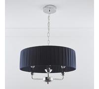 K LIVING Giulia 3 Light Chrome Chandelier with Navy Pleated Fabric Shade | Contemporary Drum Design | Polished Chrome 3 Arm Dimmable Lamp Holder | Available in Cream, Grey, Navy