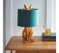 K Living Gold Rabbit Resin Table Lamp With Green Velvet Lined Lamp Shade