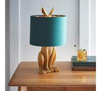 K LIVING Gold Rabbit Resin Table Lamp with Green Velvet Lined Lamp Shade Perfect for Bedside, Console, and Entrance Tables Elegant Everyday Lighting Solution for Any Room