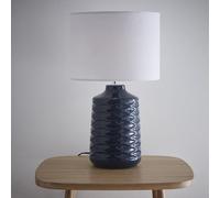 K LIVING Ivy Ceramic Table Lamp with White Linen Lightshade | Textured Base Design Lampshade in Blue | Statement Lighting for Living Spaces
