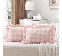 K MASANIJI 2 Pack Blush White Plaid Ruffle Gingham Lumbar Throw Pillow Covers, 100% Washed Cotton Checkered Girls Lovely Farmhouse Decorative Throw Pillow Shams for Bed/Sofa Zipper Closure- 20''x12''