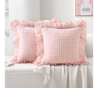 K MASANIJI 2 Pack Blush White Plaid Ruffle Gingham Throw Pillow Covers, 100% Washed Cotton Checkered Farmhouse Decorative Pillow Shams for Bed/Sofa - 18''x18''
