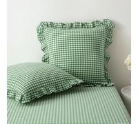 K MASANIJI 2 Pack Green Gingham Ruffle Euro Sham Pillow Covers, 100% Washed Cotton Plaid Checkered Farmhouse Decorative Pillow Shams for Bed/Sofa - 22"x22"