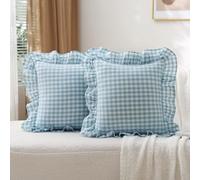 K MASANIJI 2 Pack Light Blue White Plaid Ruffle Gingham Throw Pillow Covers, 100% Washed Cotton Checkered Farmhouse Decorative Pillow Shams for Bed/Sofa - 18"x18"