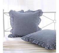 K MASANIJI 2 Pack Navy Blue White Plaid Ruffle Euro Shams Pillow Covers 26x26 inches, 100% Cotton Gingham Checkered Farmhouse Shabby Pillowcases for Bed/Sofa (26x26 inches, Navy Blue/White Plaid)