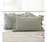 K MASANIJI 2 Pack Sage Green Gingham Ruffle Pillow Shams King Size, 100% Washed Cotton Checkered Farmhouse Pillow Covers for Bed/Sofa Envelope Closure - 20"x36"