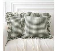 K MASANIJI 2 Pack Sage Green White Plaid Ruffle Throw Pillow Covers 18x18 inches, 100% Cotton Gingham Checkered Farmhouse Decorative Pillow Shams for Bed/Sofa (18x18 inches, Sage Green/White Plaid)