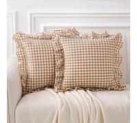 K MASANIJI 2 Pack Taupe White Plaid Ruffle Gingham Throw Pillow Covers, 100% Washed Cotton Checkered Fall Decorative Farmhouse Pillow Shams - 18''x18''