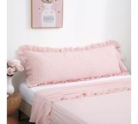 K MASANIJI Blush White Plaid Body Pillow Cover with Ruffles, 100% Washed Cotton Rustic French Country Vintage Fall Pillow Shams for Bed/Sofa - 20"x54"