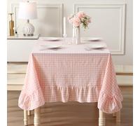 K MASANIJI Blush White Plaid Gingham Ruffled Table Cloth for Rectangle Table 6-8 Seats, 100% Washed Cotton Classic Farmhouse Checker Vintage Decorative Tablecloth - 102"x60"
