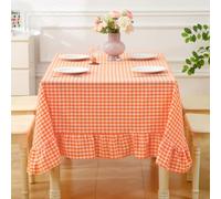 K MASANIJI Orange White Plaid Gingham Ruffled Long Table Cloth Rectangular for 8-10 Seats,100% Washed Cotton Buffet Cottage Coquette Checker Vintage Decorative Tablecloth - 120"x60"