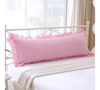 K MASANIJI Pink White Plaid Ruffle Gingham Body Pillow Cover, 100% Washed Cotton Rustic French Country Vintage Girly Bed Pillow Shams- 20"x54"