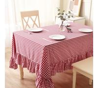 K MASANIJI Red White Plaid Ruffled Table Cloth Rectangular for Seat 8-10, 100% Washed Cotton Buffet Cottage Coquette Checker Gingham Vintage Decorative Tablecloth - 120"x60"