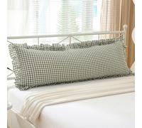 K MASANIJI Sage Green White Plaid Gingham Body Pillow Cover with Ruffles, 100% Washed Cotton Rustic French Country Vintage Pillow Shams for Bed/Sofa - 20"x54"