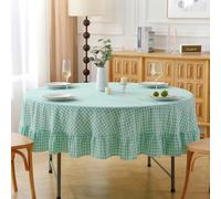 K MASANIJI Spa Blue White Plaid Gingham Ruffled Table Cloth for Round Table 4 Seats, 100% Washed Cotton Dia.70 in Farmhouse Checker Vintage Decorative Birthday Party Tablecloth - Dia.70