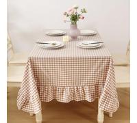K MASANIJI Taupe White Plaid Gingham Ruffled Table Cloth for Rectangle Table 6-8 Seats, 100% Washed Cotton Classic Farmhouse Checker Vintage Decorative Tablecloth - 102"x60"