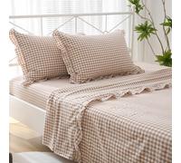 K MASANIJI Taupe White Plaid Ruffle Sheets Queen Size 4-Piece Set, 300TC 100% Yarn Dyed Washed Cotton Checker Sheets 18'' Deep Pocket Farmhouse Gingham Decorative Bedding（Taupe/White Plaid, Queen）