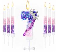 K pop 7th Birthday Candle, Purple Pink Number 7 Candle with 6 Pcs Long Candles for Girls Cake Topper Cupcake Decor Party Decoration Anniversary Celebrations Supplies (Age-7)