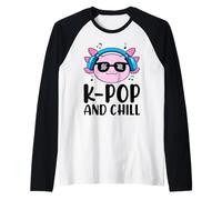 K-Pop and Chill Axolotl Headphones Music Notes Raglan Baseball Tee